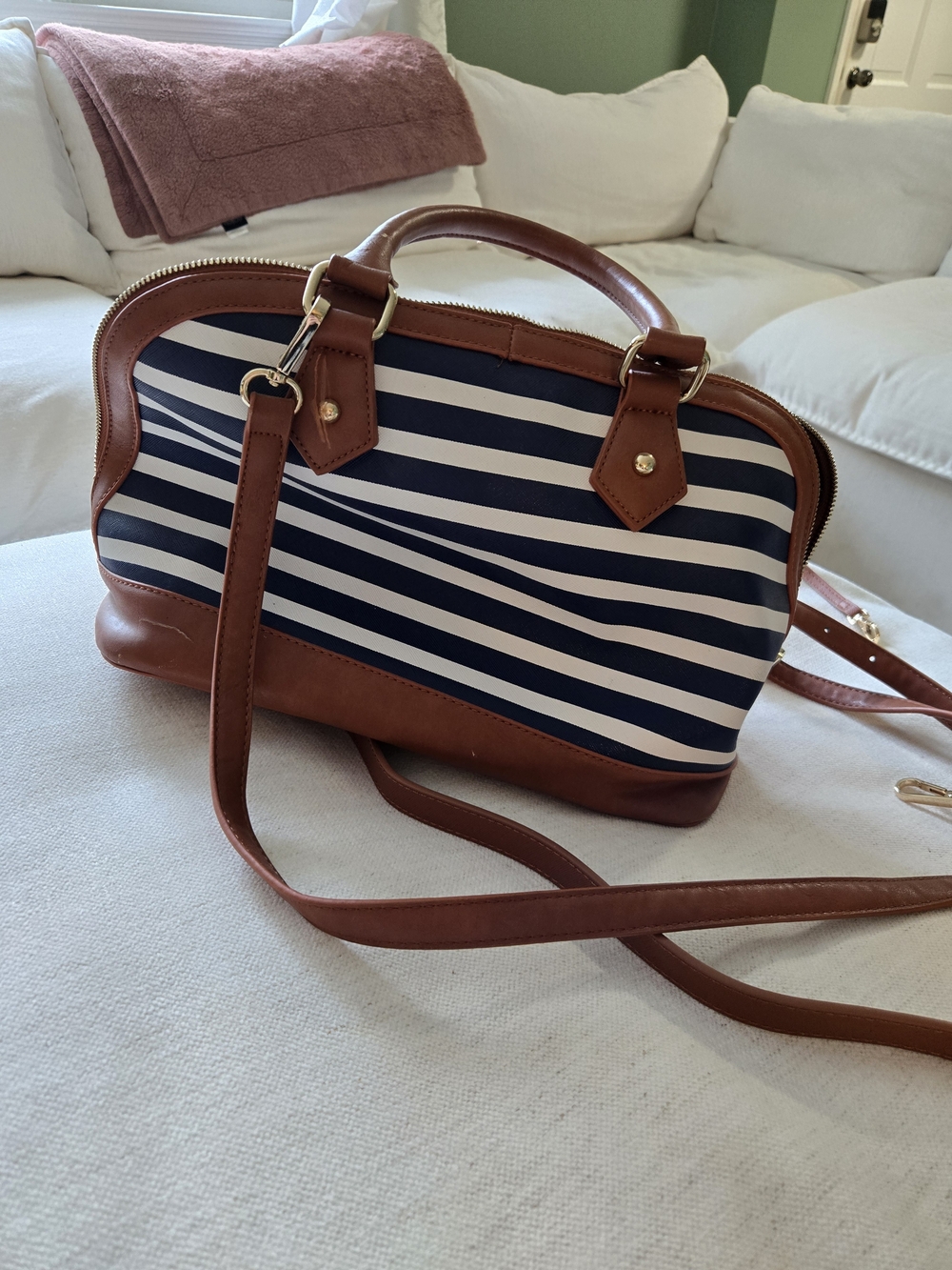Striped Navy & White Satchel with Brown Trim